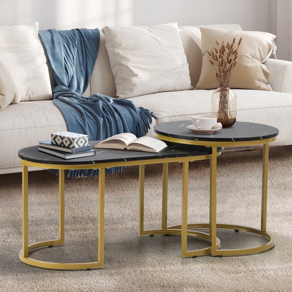 Set of 2 Black and Gold Coffee Tables with Marble Effect - Buy Online at Bargain Bay Australia
