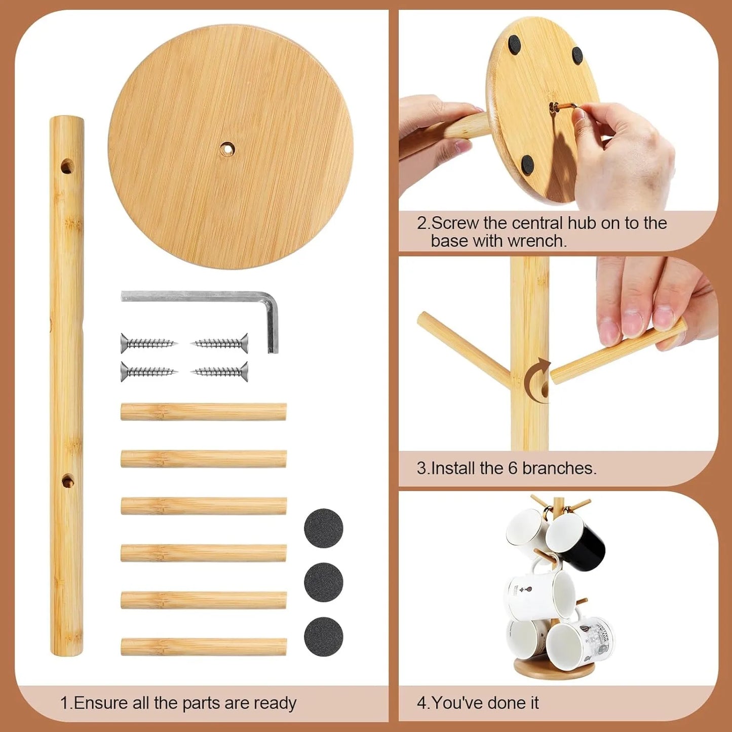 Bamboo Mug Holder – 6 - Hook Coffee Cup Tree Stand - Buy Online at Bargain Bay Australia