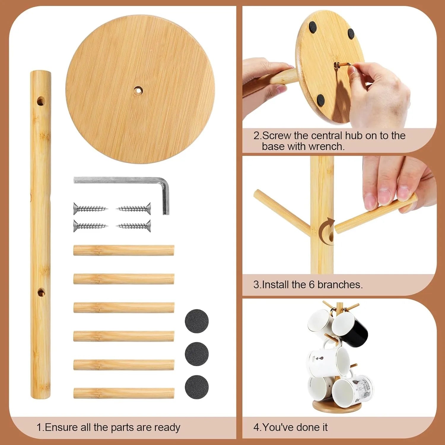 Bamboo Mug Holder – 6 - Hook Coffee Cup Tree Stand - Buy Online at Bargain Bay Australia