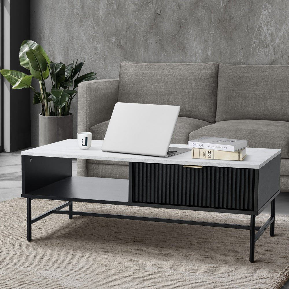 Black and White Sofa End Coffee Table with 1 Drawer and Open Shelf - Buy Online at Bargain Bay Australia