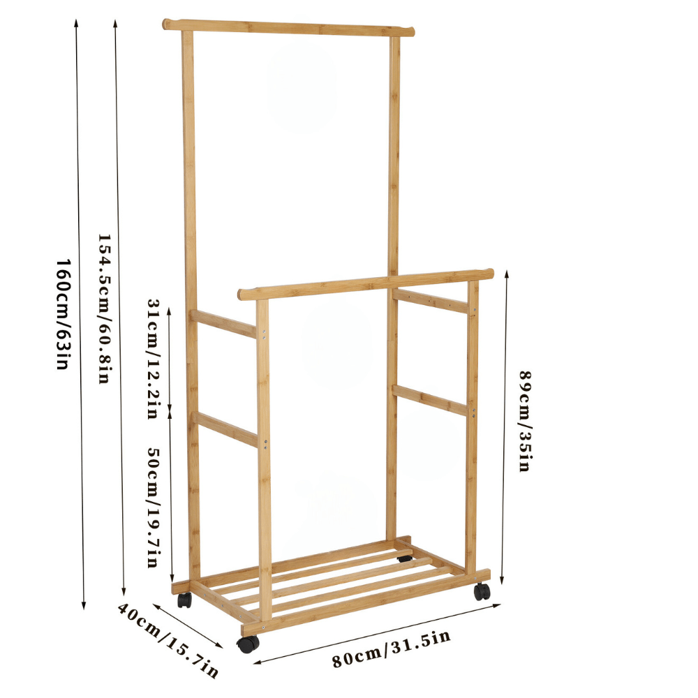 Free Standing Bamboo Double Hanging Clothes Organizer on Wheels - Buy Online at Bargain Bay Australia