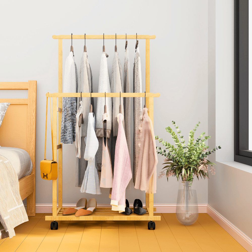 Free Standing Bamboo Double Hanging Clothes Organizer on Wheels - Buy Online at Bargain Bay Australia