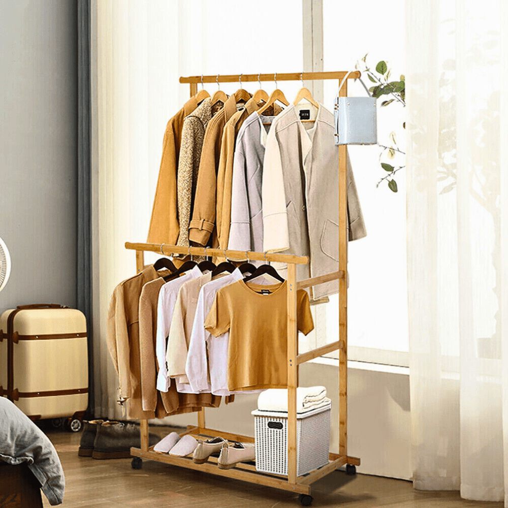 Free Standing Bamboo Double Hanging Clothes Organizer on Wheels - Buy Online at Bargain Bay Australia