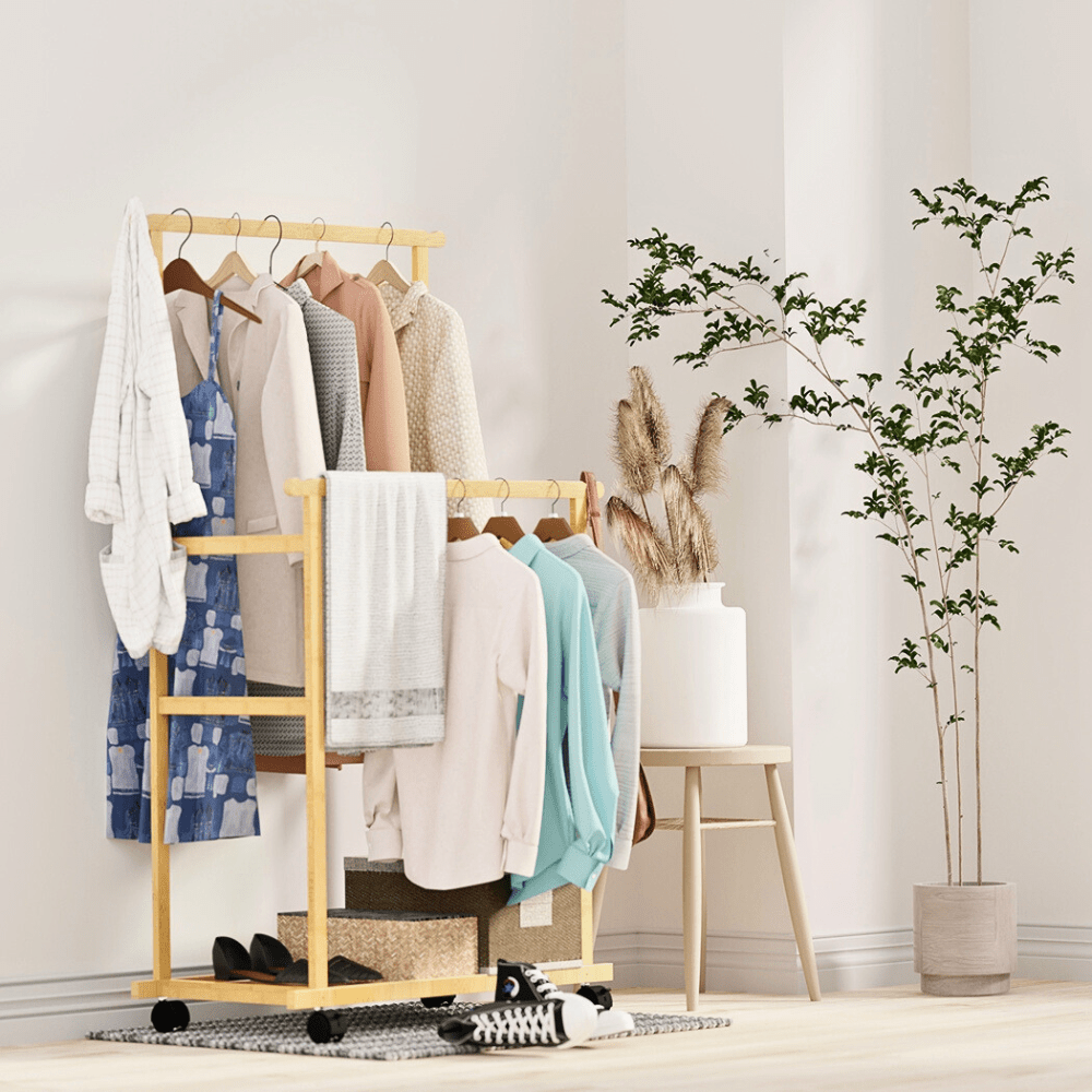Free Standing Bamboo Double Hanging Clothes Organizer on Wheels - Buy Online at Bargain Bay Australia