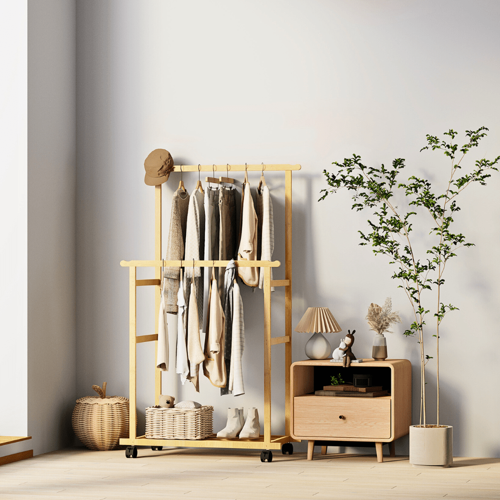 Free Standing Bamboo Double Hanging Clothes Organizer on Wheels - Buy Online at Bargain Bay Australia