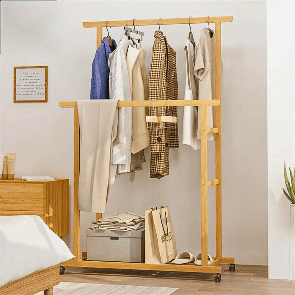 Free Standing Bamboo Double Hanging Clothes Organizer on Wheels - Buy Online at Bargain Bay Australia