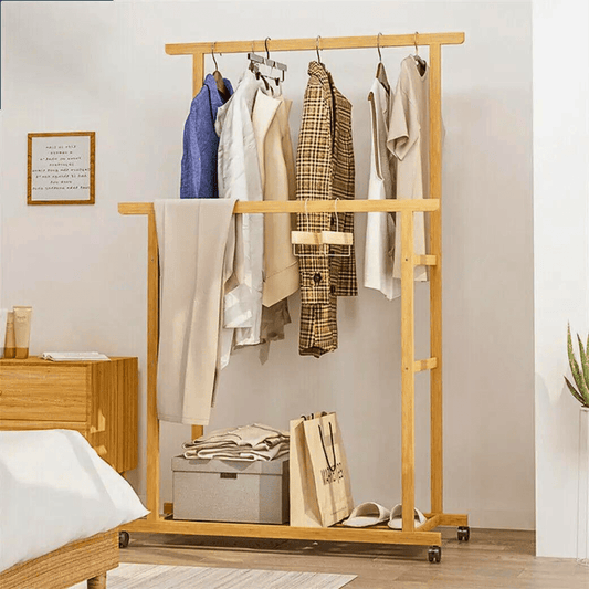 Free Standing Bamboo Double Hanging Clothes Organizer on Wheels - Buy Online at Bargain Bay Australia